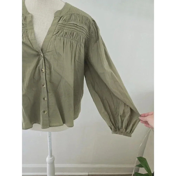 Cleobella River Pintuck Cotton Puff Sleeves Button Up Olive Green Blouse Top S - Picture 6 of 10